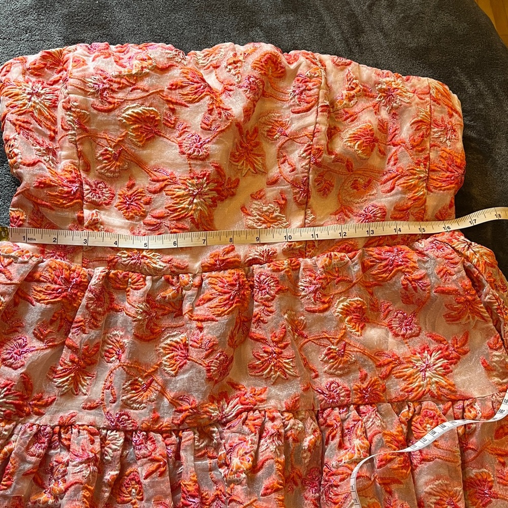 Anthropologie Strapless Mini Dress. Back bow, stretchy back. Orange, pink. L - Picture 14 of 16